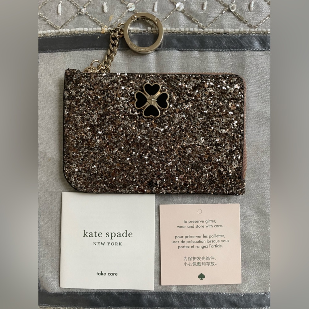 Kate spade glitter zip ID wallet keychain NEW